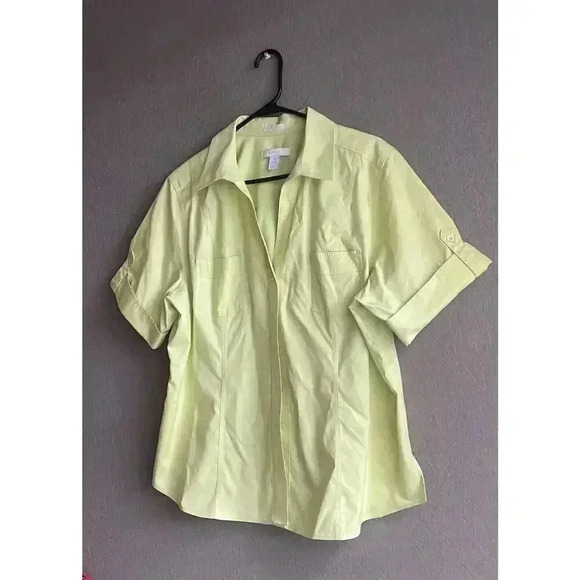 Chicos Womens Shirt 3 Yellow Green Rolled Sleeve Cotton Button Up Collared - Picture 4 of 7